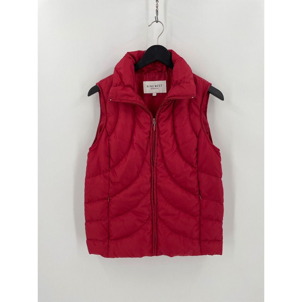 Nine West Womens Cherry Red Down Puffer Vest Chevron Quilted S Small